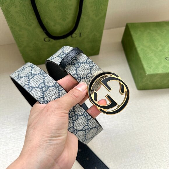 NWT Men’s Gucci Black 100% Leather Metal Silver Double G Buckle Belt US 36 IT 90